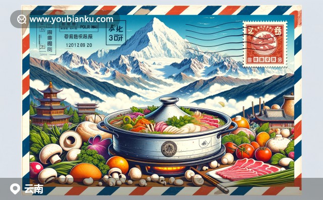 云南風(fēng)情：玉龍雪山壯麗背景下的火鍋，象征豐富生物多樣性，融入航空郵件元素