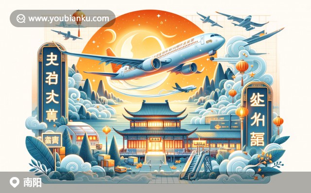 現(xiàn)代插畫風(fēng)格展示南陽文化與郵政特色，月季花、武侯祠與牛肉湯元素齊聚航空郵件信封