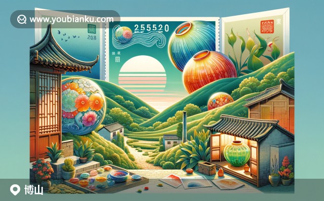 山東省淄博市博山區(qū)的插畫，展示彩瓷、山水和郵政元素，象征地方工藝與傳統(tǒng)文化