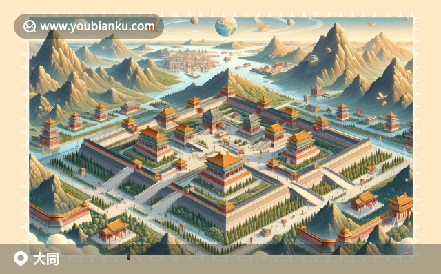 大同地標(biāo)建筑與郵政元素的現(xiàn)代描繪，展現(xiàn)城市文化與傳統(tǒng)與現(xiàn)代融合之美