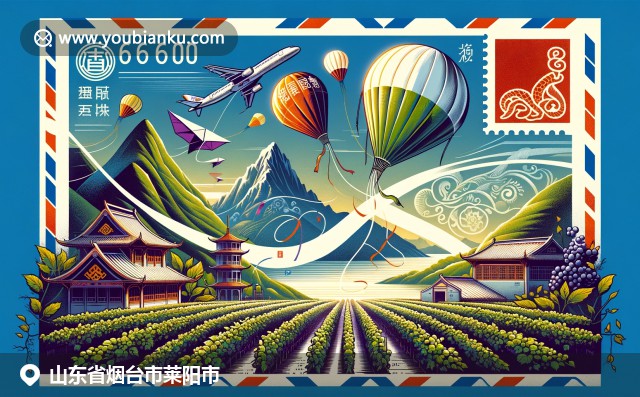 萊陽市地域特色與文化傳承的現(xiàn)代詮釋，展現(xiàn)煙臺山、葡萄園和傳統(tǒng)中國風(fēng)箏，融入航空信封元素