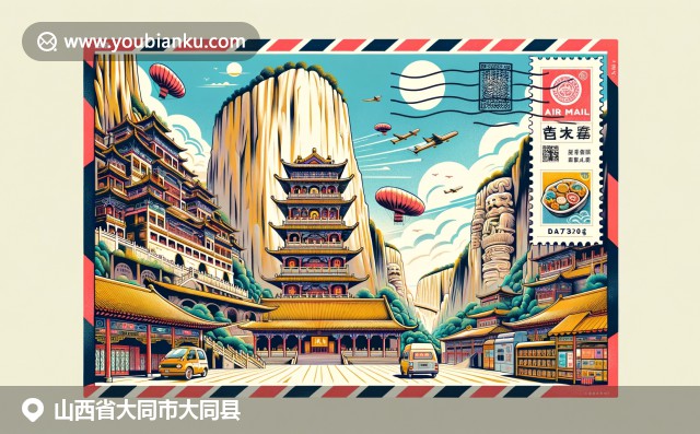 山西大同縣特色展示：懸空寺、云岡石窟、大同窯洞，融入航空郵件信封設(shè)計