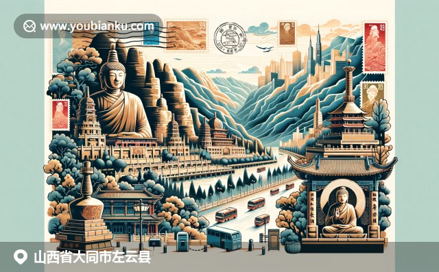 山西左云縣自然景觀與豐富文化：云岡石窟、掛壁公路和山西刀削面，揉合明信片創(chuàng)意和郵政元素