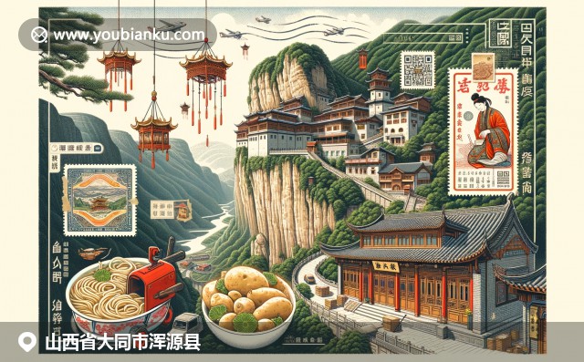 展示山西大同渾源縣特色：竇廟古建筑、懸空寺奇觀與刀削面，結(jié)合郵政元素