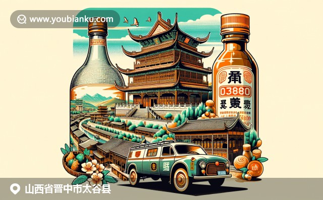 太谷縣傳統(tǒng)建筑與美食文化的融合，搭配中國郵政元素，展現(xiàn)當(dāng)?shù)刎S富的歷史與現(xiàn)代風(fēng)貌