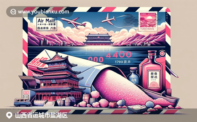 現(xiàn)代插畫展示山西運(yùn)城鹽湖區(qū)風(fēng)貌：鹽湖、關(guān)帝廟與運(yùn)城醋的創(chuàng)意航空郵件設(shè)計(jì)