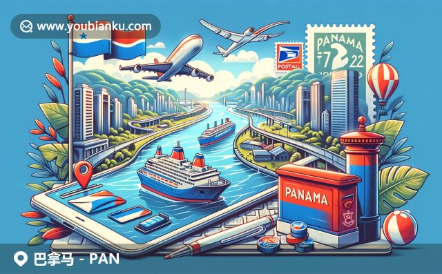 現(xiàn)代插畫風(fēng)格展現(xiàn)巴拿馬地理特征與郵政特色，包含標(biāo)志性運(yùn)河和國旗，航空信封、郵戳和傳統(tǒng)郵筒