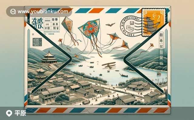山東省德州市平原縣郵票插圖：微山湖、風(fēng)箏與德州扒雞的和諧交融，253100郵政編碼象征