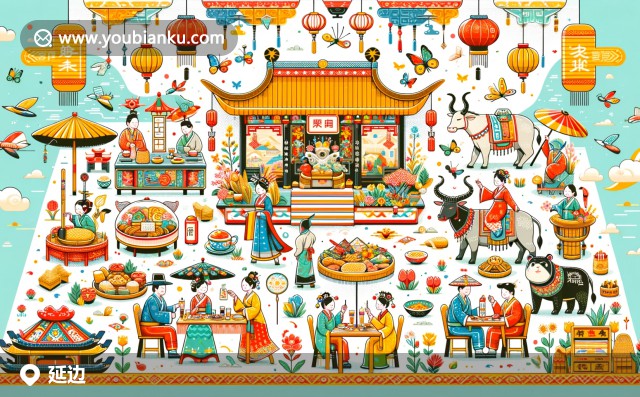 延邊朝鮮族自治州的美食與傳統(tǒng)文化融合，展示玉米溫面、米腸和舞蹈元素，搭配航空郵件信封