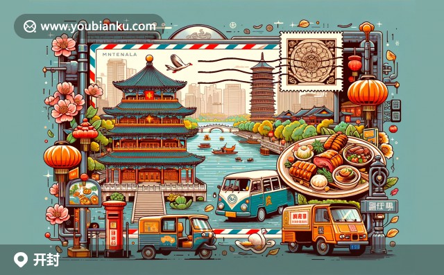 河南省開封市開封區(qū)郵票明信片，展示開封府、鐵塔和包公祠特色，現(xiàn)代與傳統(tǒng)交融的街景