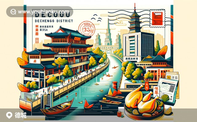 現(xiàn)代插畫風(fēng)格的郵編253000，展示了德州扒雞、運(yùn)河和黃河故道，郵票上的德城區(qū)特色與郵政元素