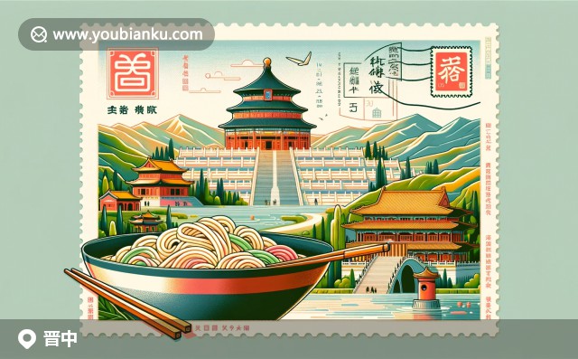 展現(xiàn)晉中文化與歷史特色，融入中國郵政元素，明信片式古城輪廓與綿山景觀，中國特色郵戳標(biāo)注“晉中”，傳統(tǒng)郵筒和郵票信件散落