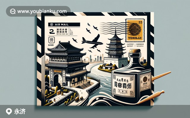 郵封上的黃河、觀鵲樓與老陳醋瓶象征永濟(jì)，郵戳與郵票展示地方文化風(fēng)情