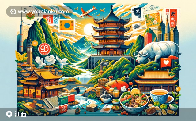 江西自然和文化的完美結(jié)合，展現(xiàn)廬山美景與景德鎮(zhèn)瓷器、贛南臍橙，融入中國郵政元素