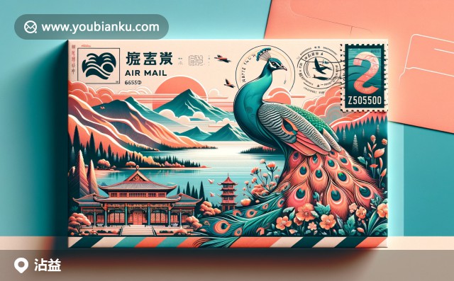 精美航空郵件信封，展現(xiàn)星云湖、金殿孔雀和羅漢山的特色，傳統(tǒng)與現(xiàn)代交融的曲靖沾益縣風(fēng)景