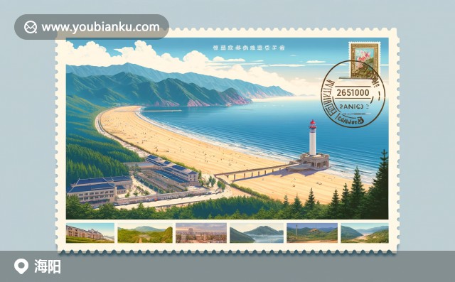 山東省煙臺市海陽市風(fēng)景，金色沙灘、蔚藍大海與葡萄蘋果豐收，明信片風(fēng)格，郵編265100