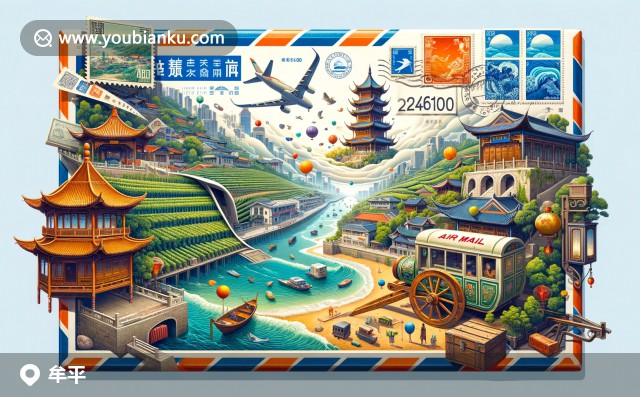 插圖：煙臺牟平區(qū)郵政特色，展示蓬萊閣、葡萄園與郵政傳統(tǒng)元素