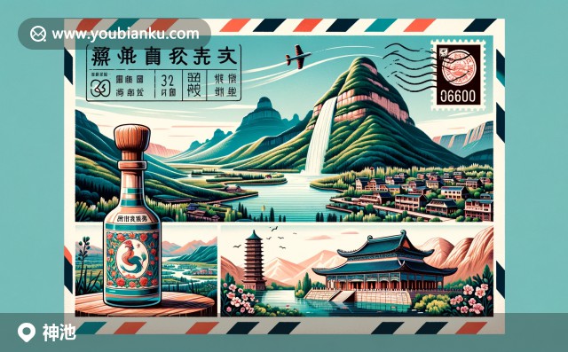 神池縣風(fēng)光 - 盤(pán)古山、羽毛泉和山西醋的象征，帶有郵政元素與036100郵編