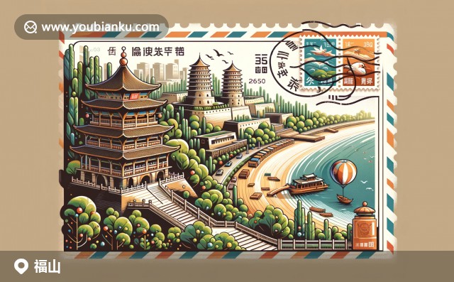 福山區(qū)郵政插畫：煙臺山燈塔，海洋郵票與紅色郵筒