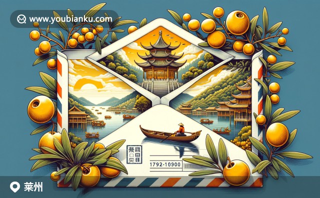 復(fù)古航空郵件中的萊州灣美景、傳統(tǒng)漁船和萊州大佛寺，展現(xiàn)金絲棗文化