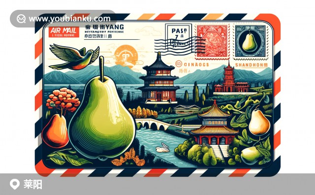 山東省煙臺市萊陽市郵政編碼插圖，展示萊陽梨、傳統(tǒng)建筑及自然風(fēng)光的航空信封設(shè)計(jì)