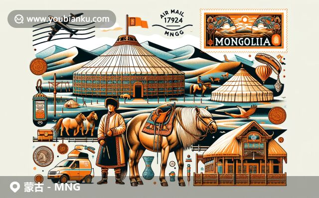蒙古國(guó)傳統(tǒng)與郵政元素的完美融合，展示蒙古包、草原、馬頭琴與航空郵件符號(hào)