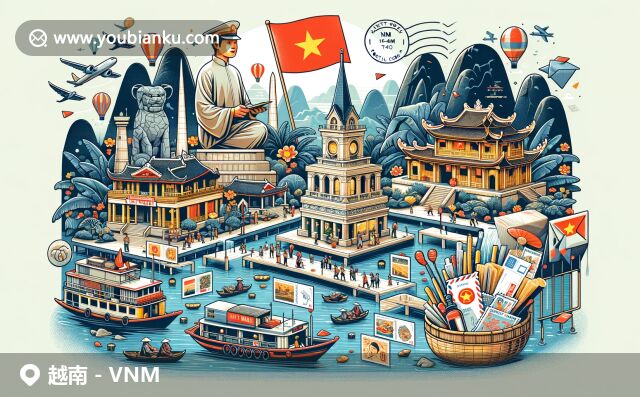 越南地標(biāo)與文化呈現(xiàn)，展示胡志明紀(jì)念堂、下龍灣石灰?guī)r島、會(huì)安古建筑、湄公河三角洲水上市場(chǎng)等