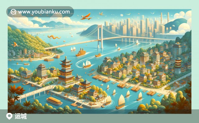 現(xiàn)代插畫風(fēng)格展現(xiàn)運(yùn)城鹽湖、蘋果和大盤雞，融入郵政元素