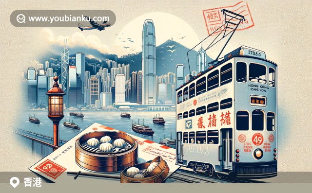 插畫呈現(xiàn)香港太平山頂纜車與維多利亞港天際線，背景現(xiàn)代都市風(fēng)貌