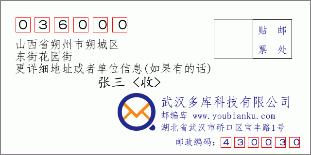 郵編信封:郵政編碼036000-山西省朔州市朔城區(qū)-東街花園街