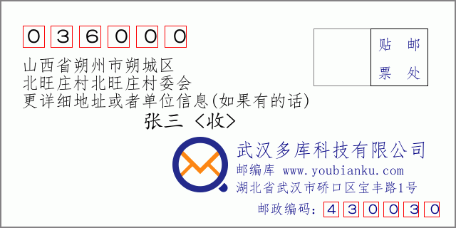 郵編信封:郵政編碼036000-山西省朔州市朔城區(qū)-北旺莊村北旺莊村委會(huì)