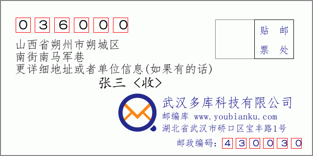 郵編信封:郵政編碼036000-山西省朔州市朔城區(qū)-南街南馬軍巷